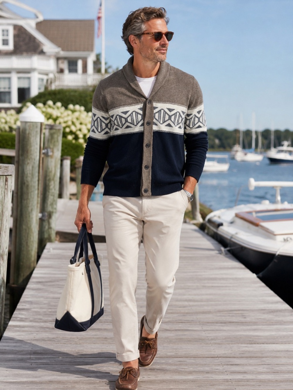 Banana Republic Shawl Collar Cardigan Men’s XXL Navy Taupe Fair Isle Button